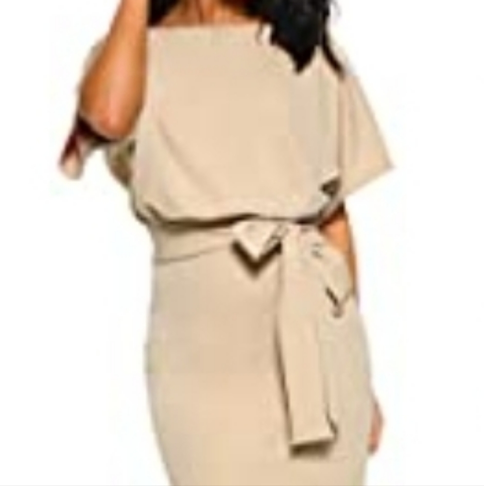 L, cream/beige, short sleeve bodycon dress